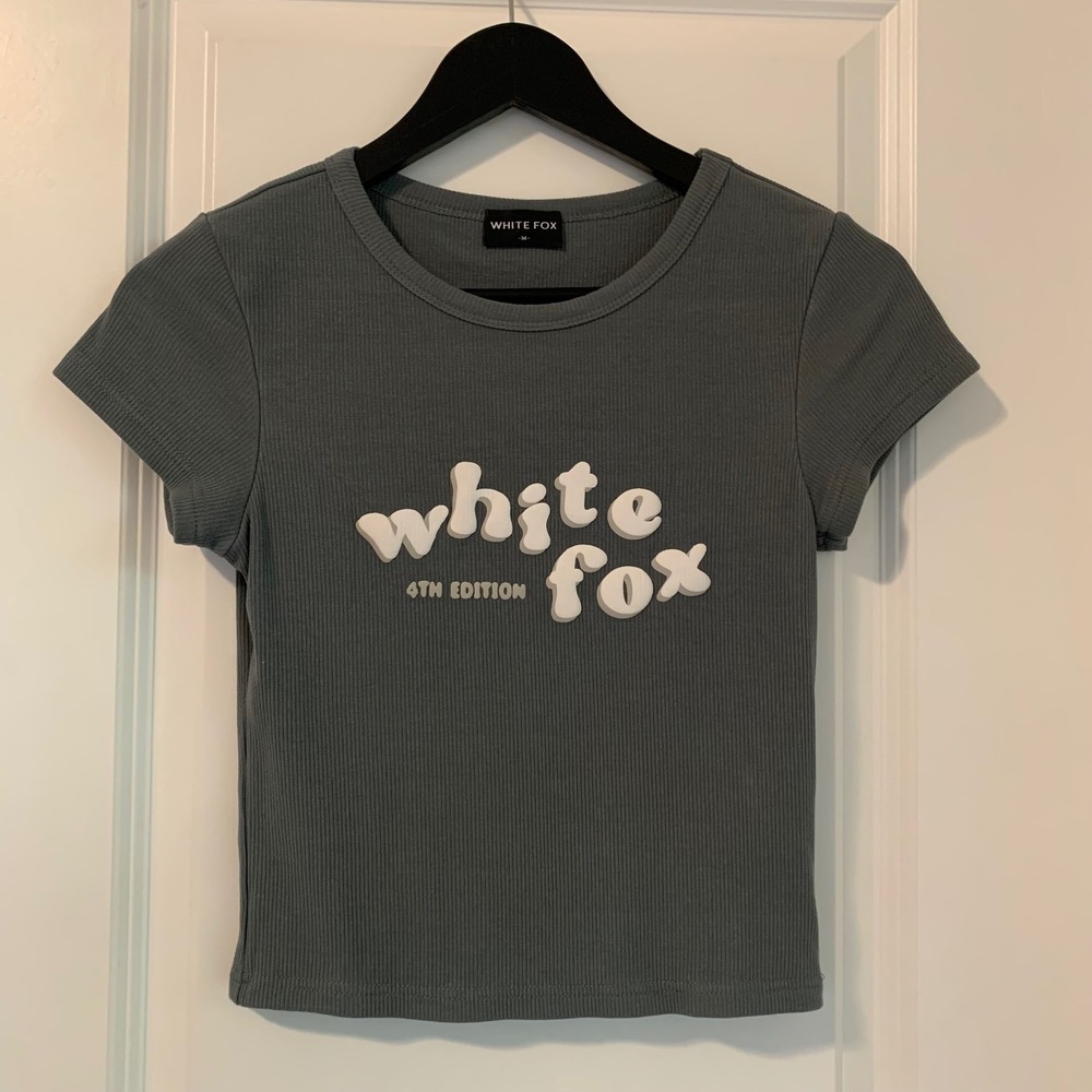 White Fox 4th Edition Ribbed Baby Tee Charcoal Green Puff Print Logo Top M New